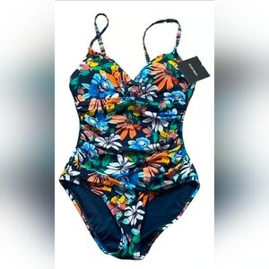 Ellen Tracy Floral One Piece Swimsuit - Blue, Orange, Green
